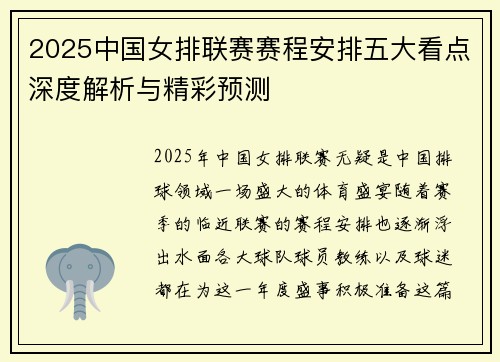 2025中国女排联赛赛程安排五大看点深度解析与精彩预测